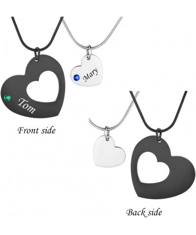 Stainless Steel Personalized Key Heart Puzzle Necklace Set with Birthstones - Custom Made with Any Name Double Hearts-Black+S...