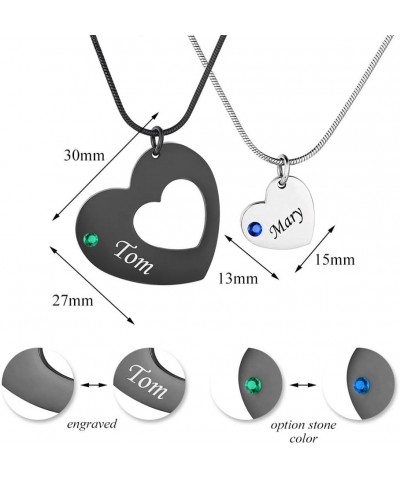 Stainless Steel Personalized Key Heart Puzzle Necklace Set with Birthstones - Custom Made with Any Name Double Hearts-Black+S...