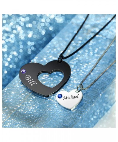 Stainless Steel Personalized Key Heart Puzzle Necklace Set with Birthstones - Custom Made with Any Name Double Hearts-Black+S...