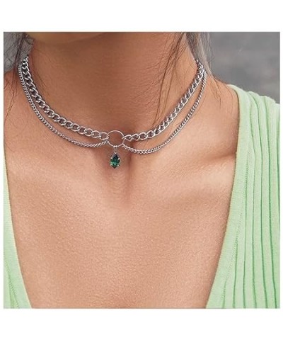 Boho Layered Emerald Necklace Choker Emerald Teardrop Pendant Necklace Silver Open Circle Collar Necklace Green Emerald Cryst...