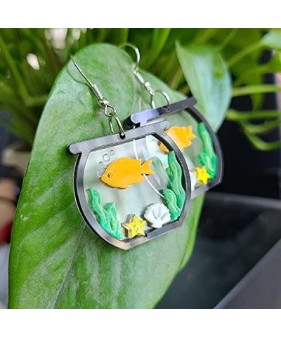 Cute Fish Tank Drop Dangle Earrings for Women Teen Girls Acrylic Goldfish Seaweed Shell Dangling Silver Pin Hook Hoop Earring...