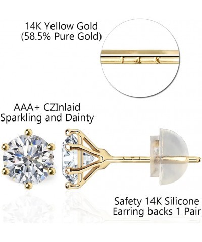 14k real solid Yellow Gold white cz Stud solitaire round cubic Earrings for women 6prong setting with 14k gold silicone earri...