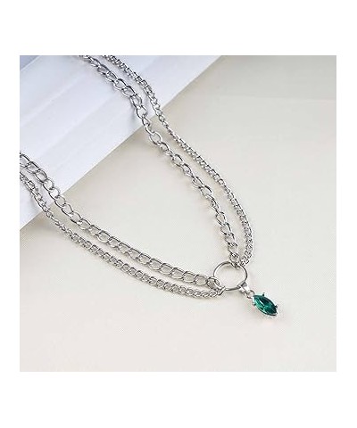 Boho Layered Emerald Necklace Choker Emerald Teardrop Pendant Necklace Silver Open Circle Collar Necklace Green Emerald Cryst...