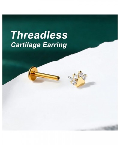 14K Solid Gold Cartilage Earring Stud 16g Dog Paw Yellow Gold Flat Back Helix Stud 14K Gold Push in Tragus Earring Stud Threa...