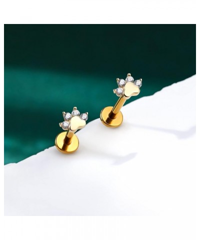 14K Solid Gold Cartilage Earring Stud 16g Dog Paw Yellow Gold Flat Back Helix Stud 14K Gold Push in Tragus Earring Stud Threa...