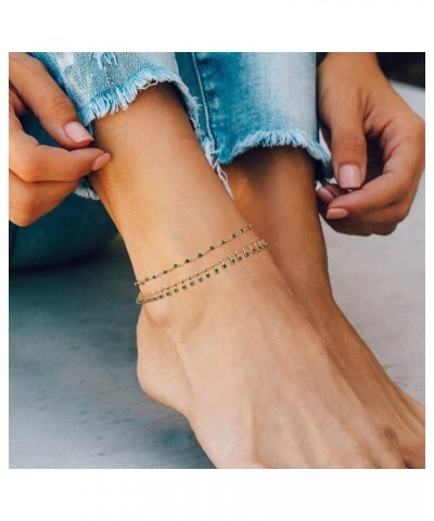 Gold Anklets for Women 14K Gold Plated Tiny Bead Anklet Green Rose Colorful Cubic Zirconia Tassel Foot Chain Dainty Adjustabl...